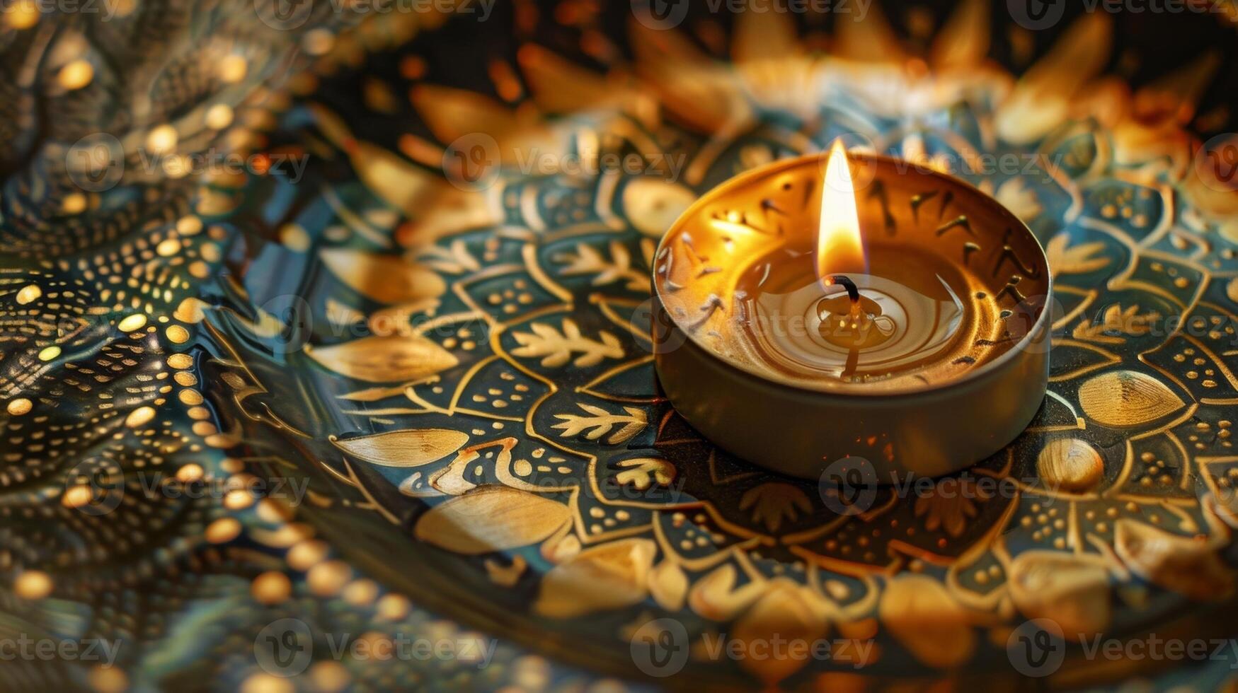 The golden flame of a candle dances over the intricate patterns of a handpainted cheese platter creating a mesmerizing display. 2d flat cartoon photo