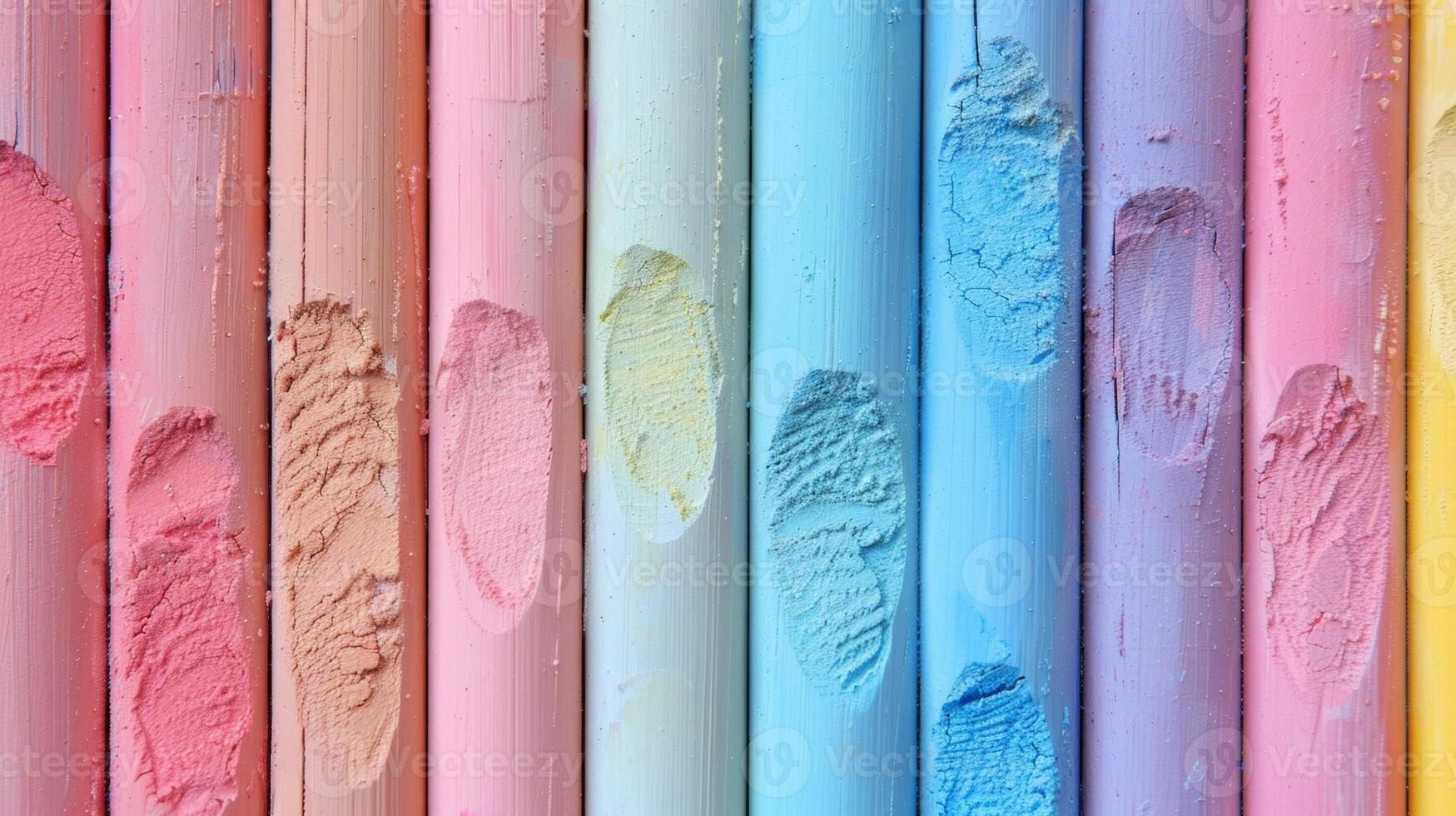 un pulcramente organizado formación de pastel tizas en sombras de delicado Rosa cielo azul y narciso amarillo foto