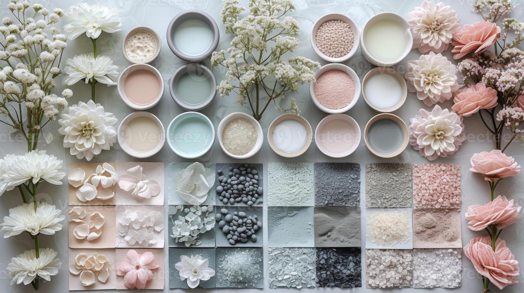 An overhead view of a design board filled with swatches of soft pastel colors showcasing the homeowners love for a peaceful and serene color palette for their bathroom redesign photo