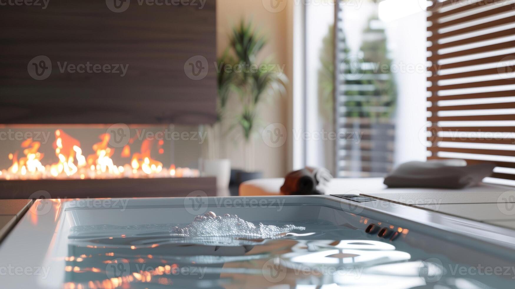 With its sleek modern design and innovative remotecontrolled flames the spas fireplace brings a unique touch to the relaxation room. 2d flat cartoon photo