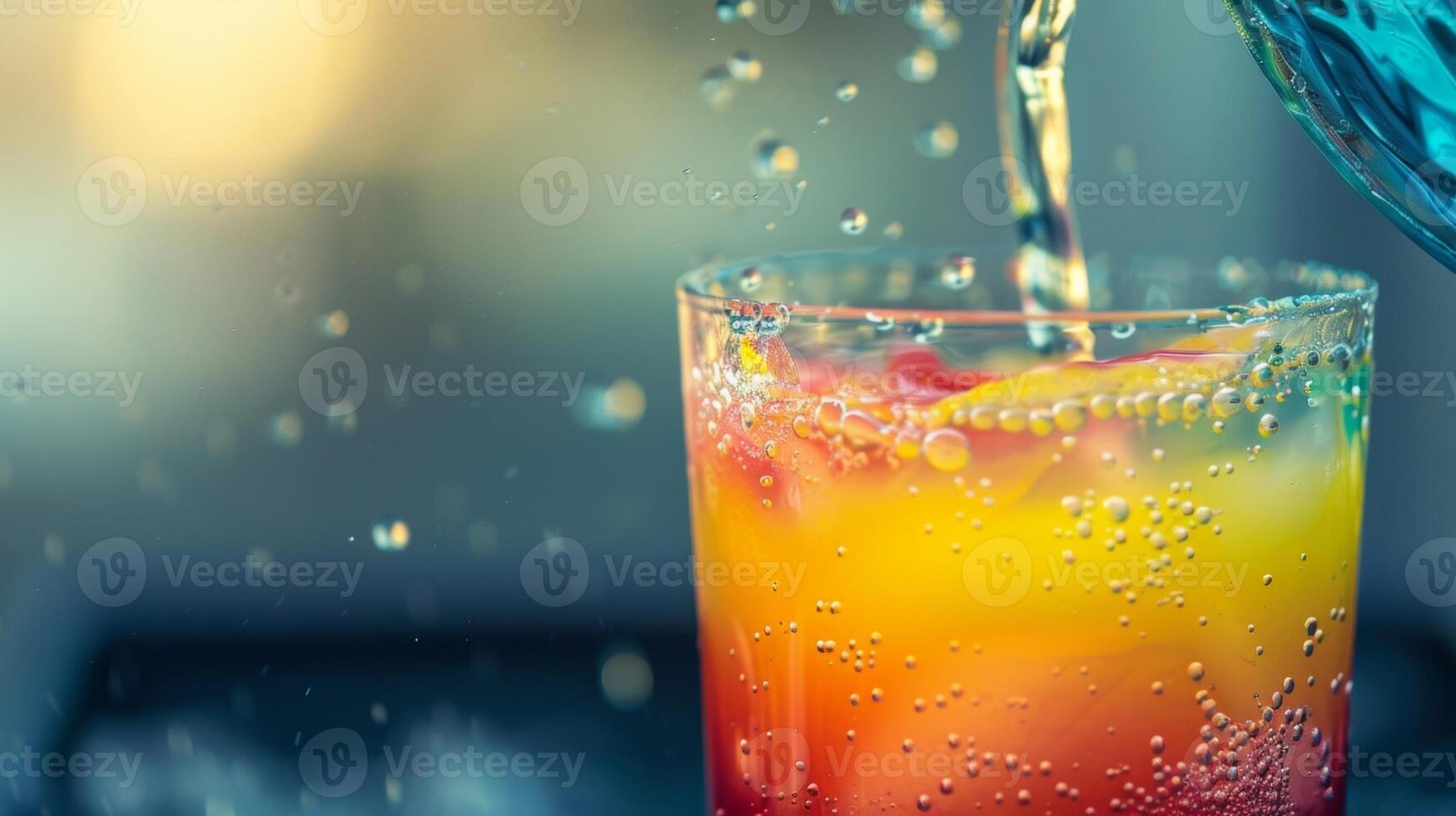 A closeup of a drink being poured showcasing layers of vibrant colors and a delectable mixture of flavors photo