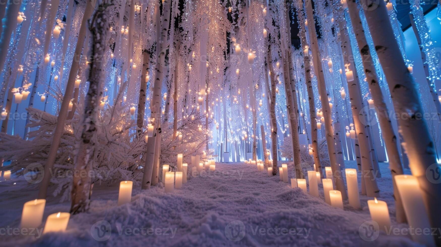 A serene winter wonderland with iciclelike candles hanging from the ceiling creating a sparkling and enchanting scene. 2d flat cartoon photo