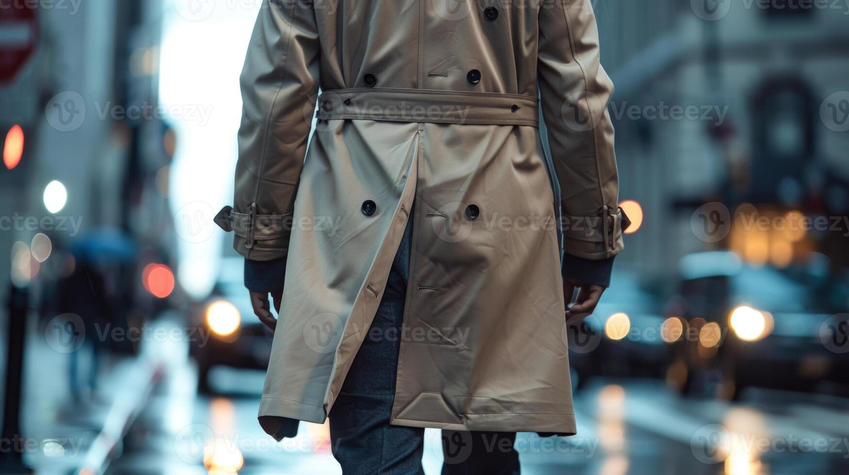 un hombre camina abajo un bullicioso ciudad calle vistiendo un elegante sustentablemente hecho zanja Saco ese es ambos elegante y ambientalmente consciente foto