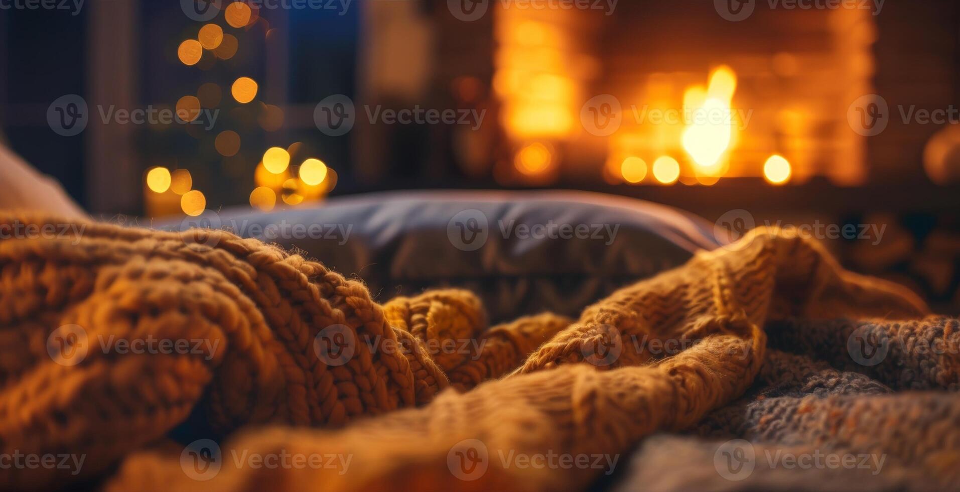 Soft blankets and plush pillows are artfully arranged around the crackling fire creating a cozy and inviting atmosphere. 2d flat cartoon photo