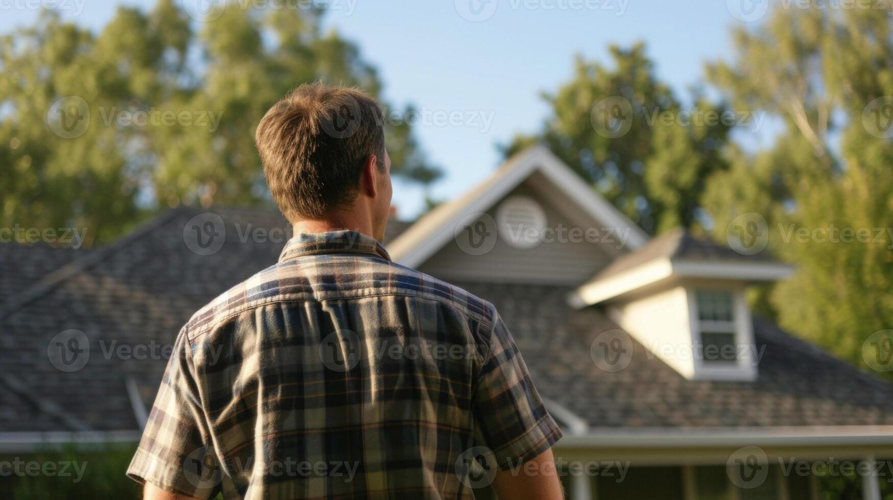 A homeowner looks on with relief and satisfaction as roofers complete the installation of a new shingle roof on their beloved family home photo