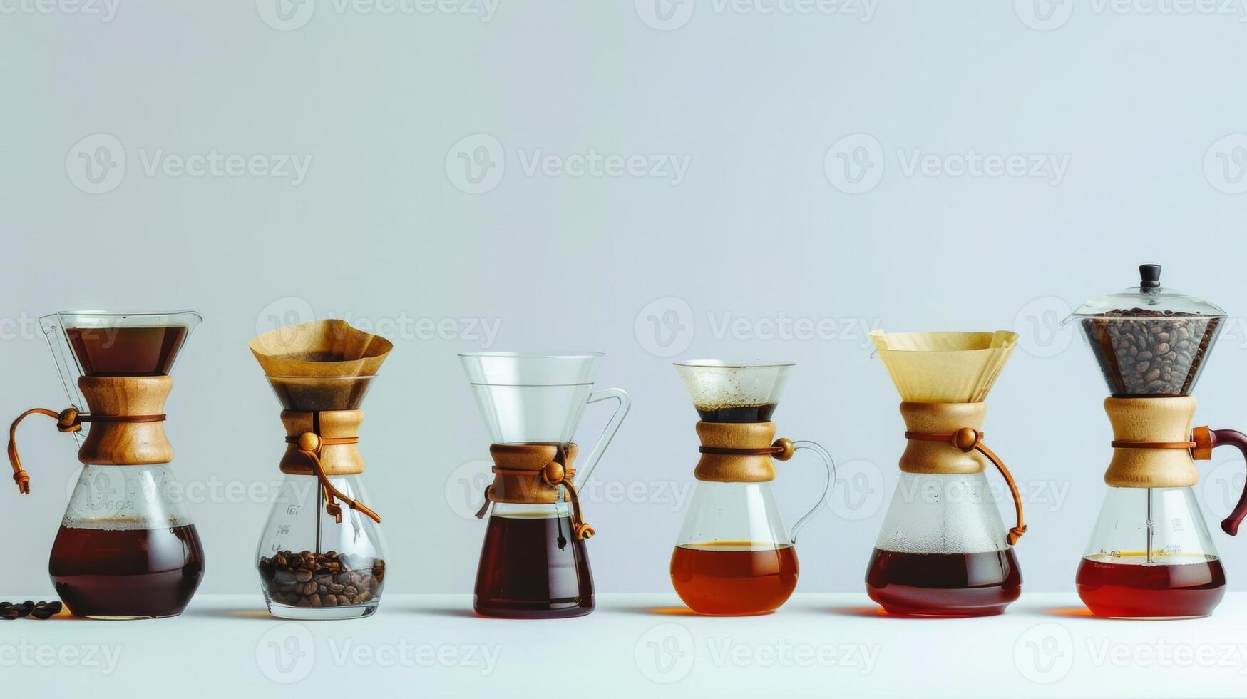 A lineup of different brewing ods from pourover to French press showcases the versatility of the tropical coffee beans photo