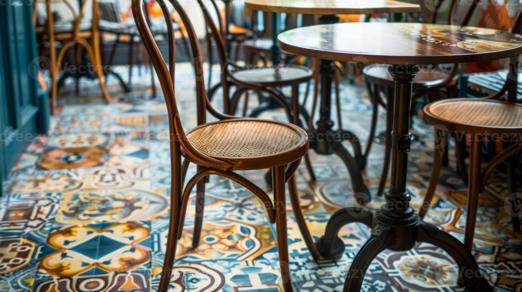 A charming cafe with a floor adorned in an assortment of handpainted ceramic tiles creating a cozy and inviting atmosphere. photo