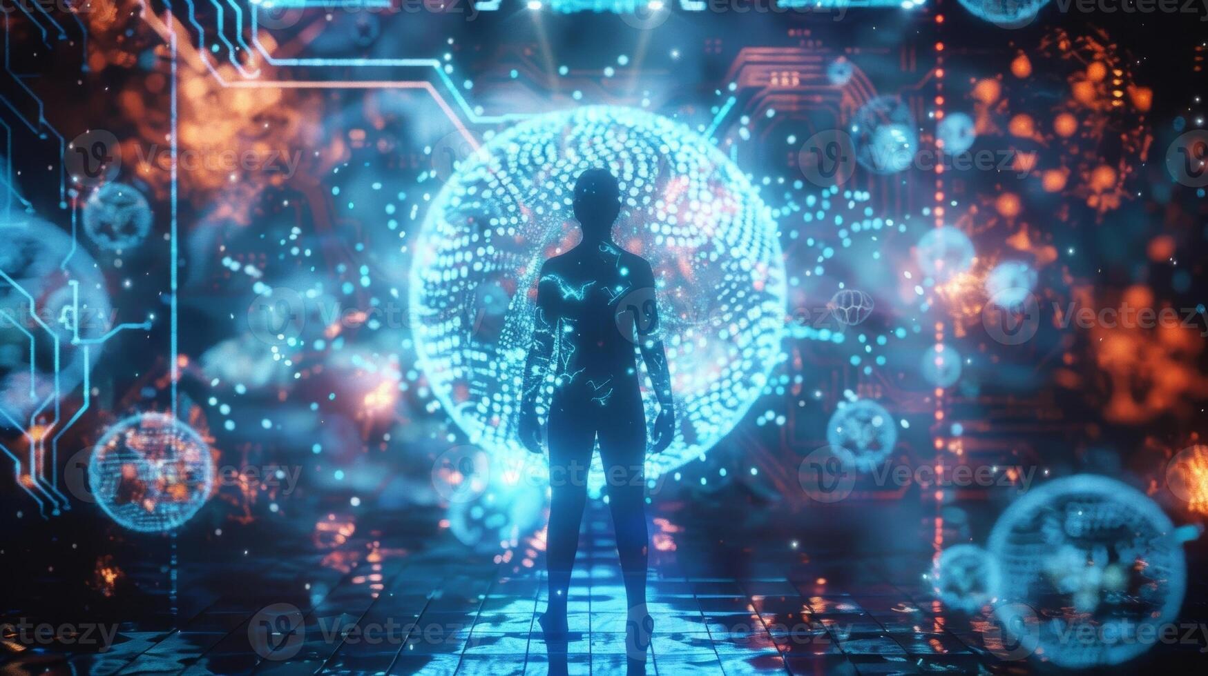 A person is surrounded by a holographic shield displaying their strengthened immune system in a futuristic light. photo