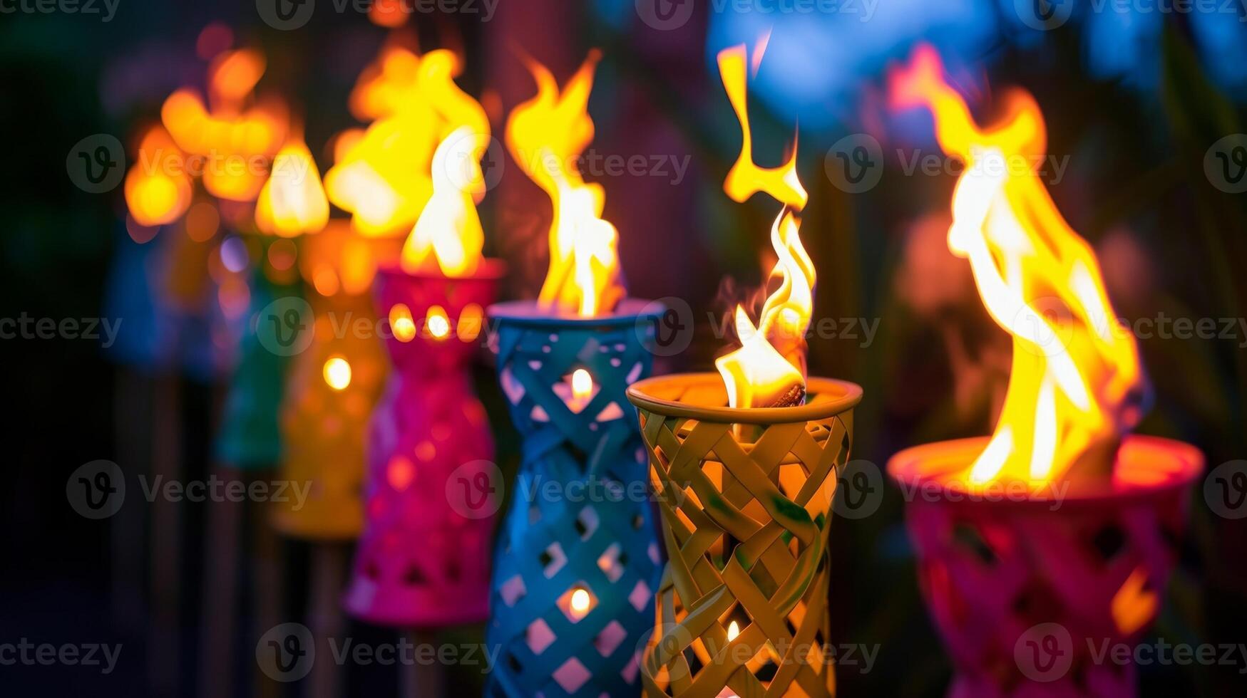 Colorful tiki torches lighting up the night creating a festive and summery vibe photo