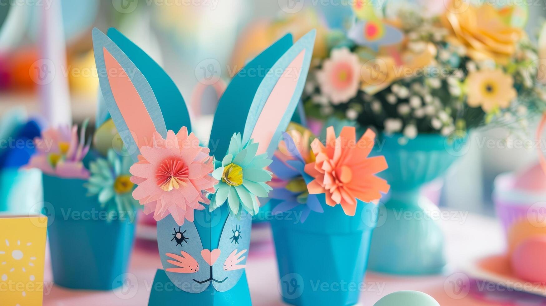 An Easterthemed arts and crafts station for kids to create bunny masks and paper flower bouquets photo