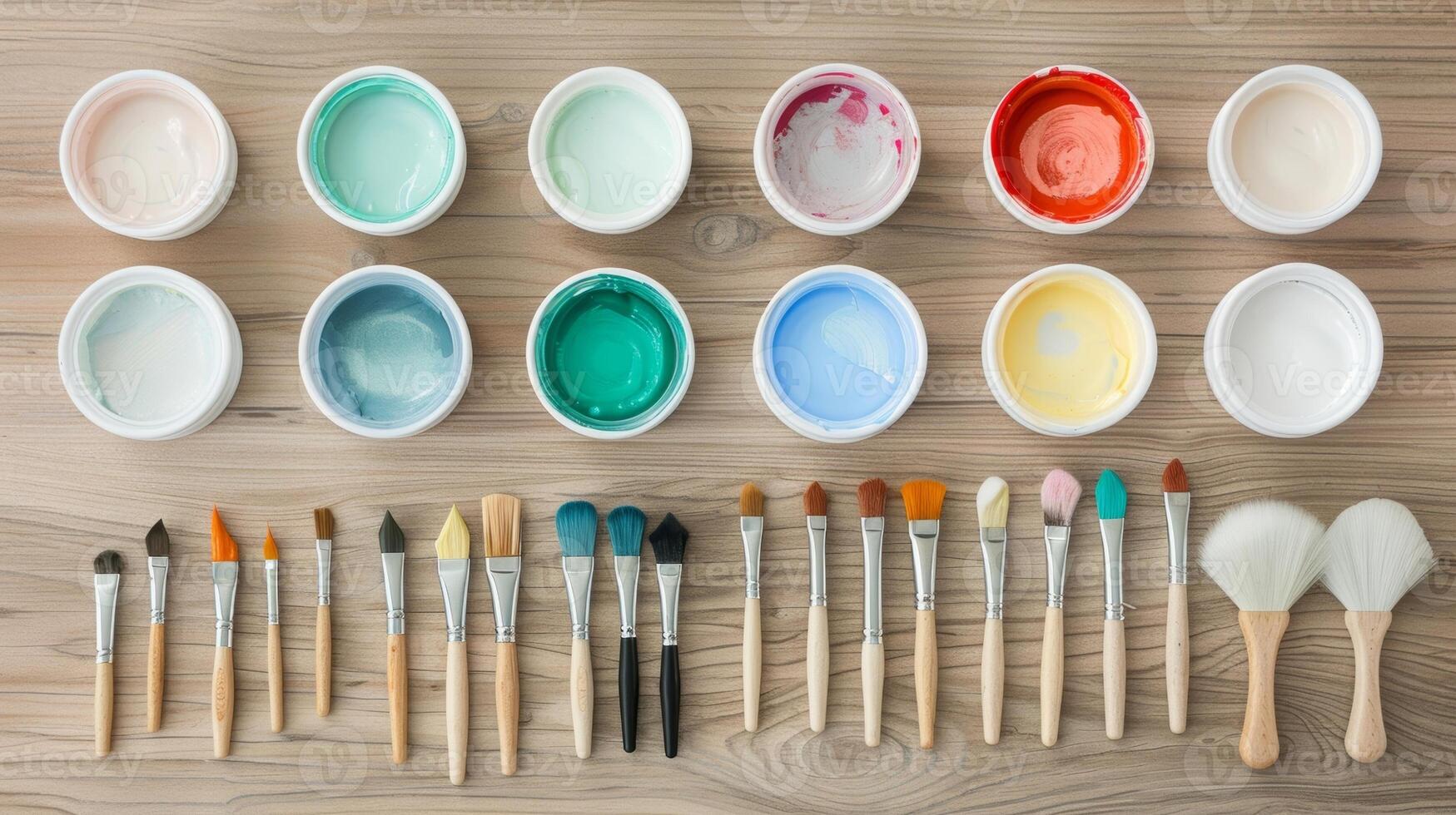 A photo of the tools and materials needed for a ceramic coaster DIY project including paints brushes and sealant.