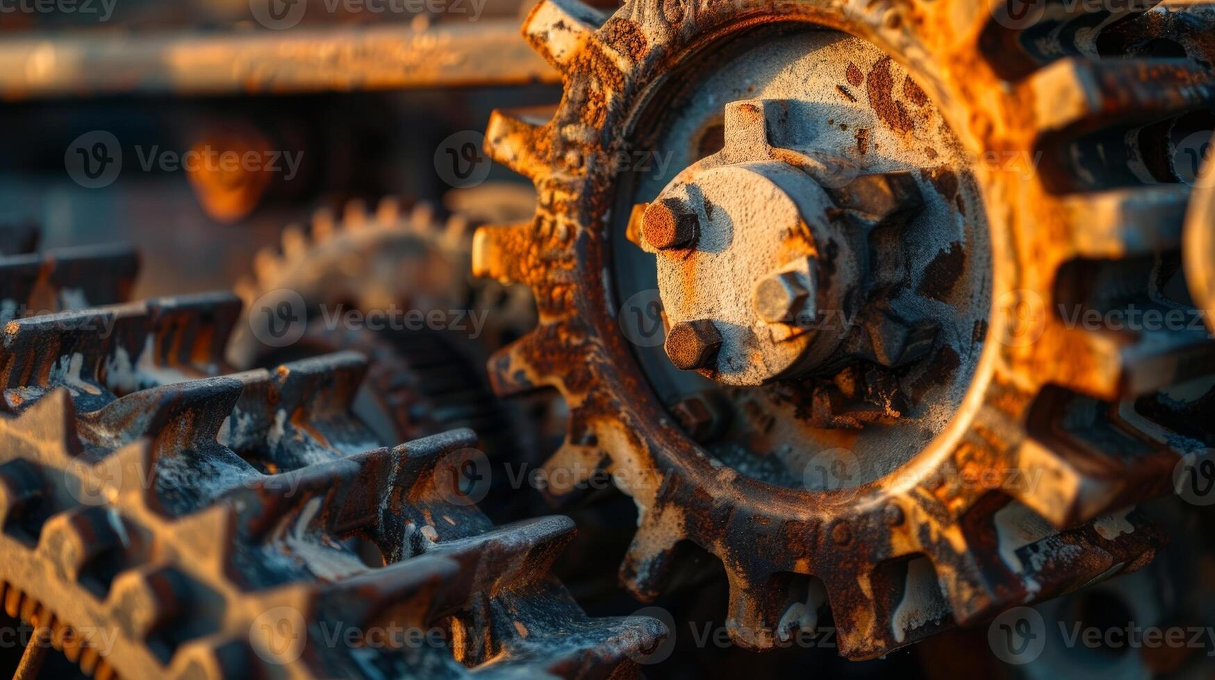 A set of worn and weathered gears and pulleys catch the afternoon sunlight hinting at a time when construction machinery was powered by manpower instead of technology photo