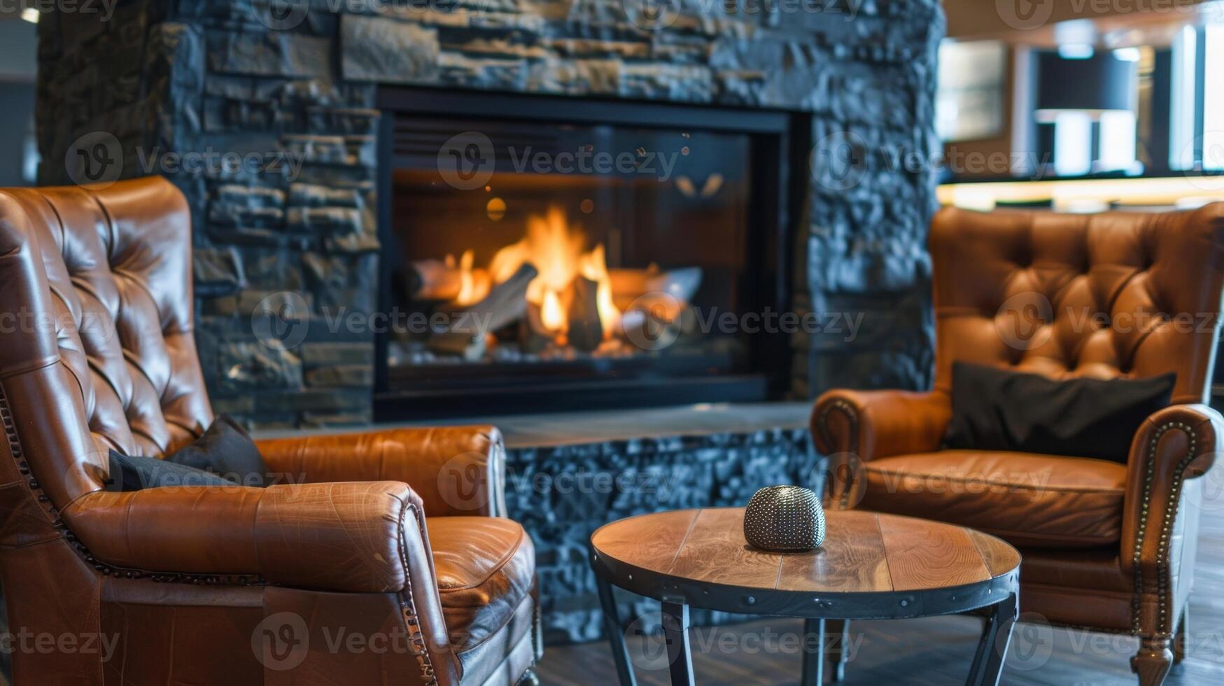 The stylish fireplace is made of dark stone and surrounded by plush leather chairs for a cozy seating area. 2d flat cartoon photo