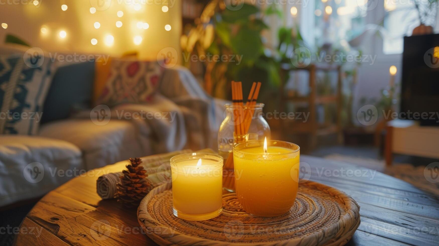 In the corner of a cozy living room a small meditation altar is adorned with candles incense and a refreshing pitcher of mocktail ingredients photo