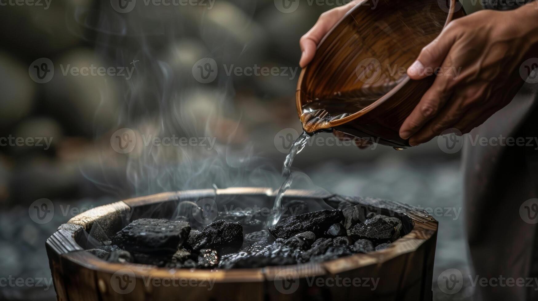 A closeup of a hand holding a wooden s ready to pour water onto the hot rocks to create steam and release toxins from the body. photo