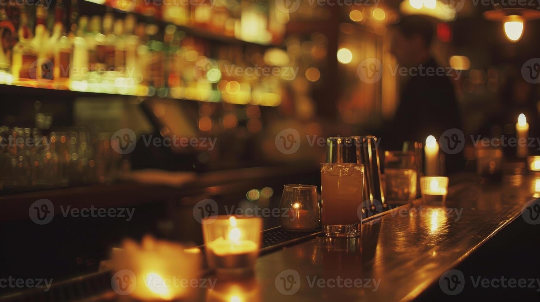 Bartenders expertly mix tails behind the bar their movements illuminated by the warm glow of the candles. 2d flat cartoon photo