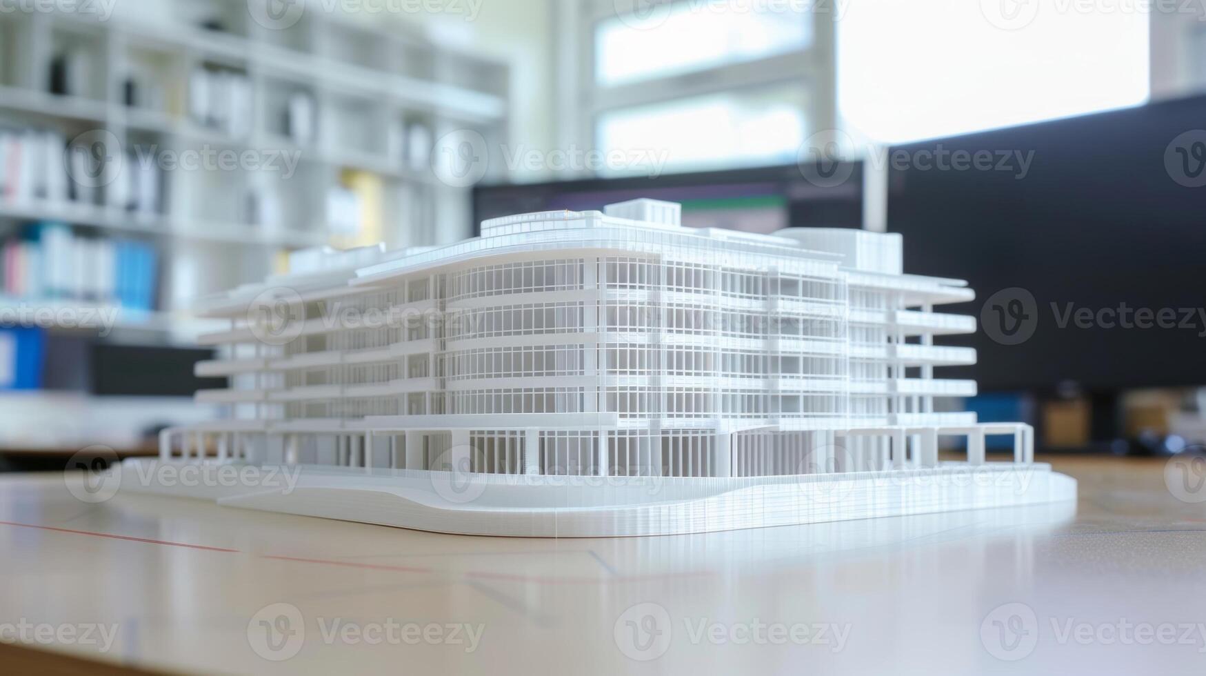 un impreso en 3d modelo de un edificio creado desde un bim modelo siendo revisados y aprobado por todas equipo miembros antes de construcción comienza foto