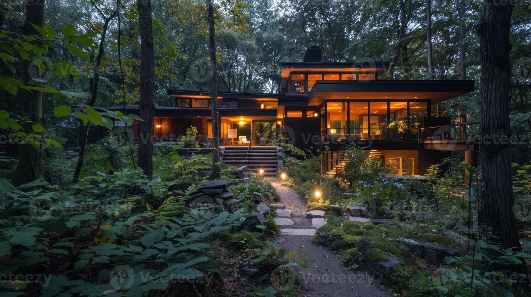A magical glow emanates from the path winding towards a stunningly modern home nestled in the dense forest. 2d flat cartoon photo