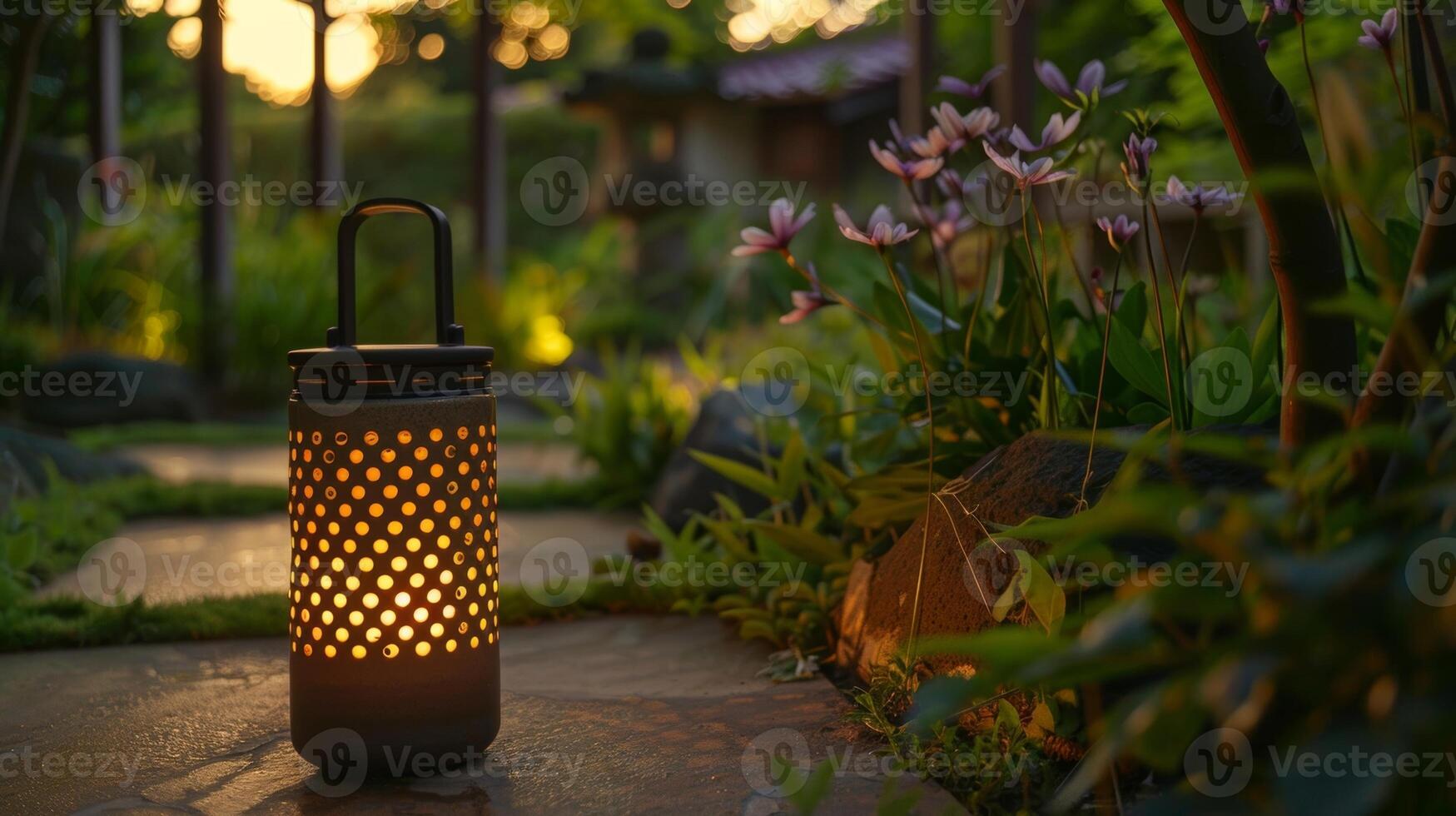 As the sun sets a ceramic lantern illuminates the garden casting a warm and inviting glow throughout the space. photo