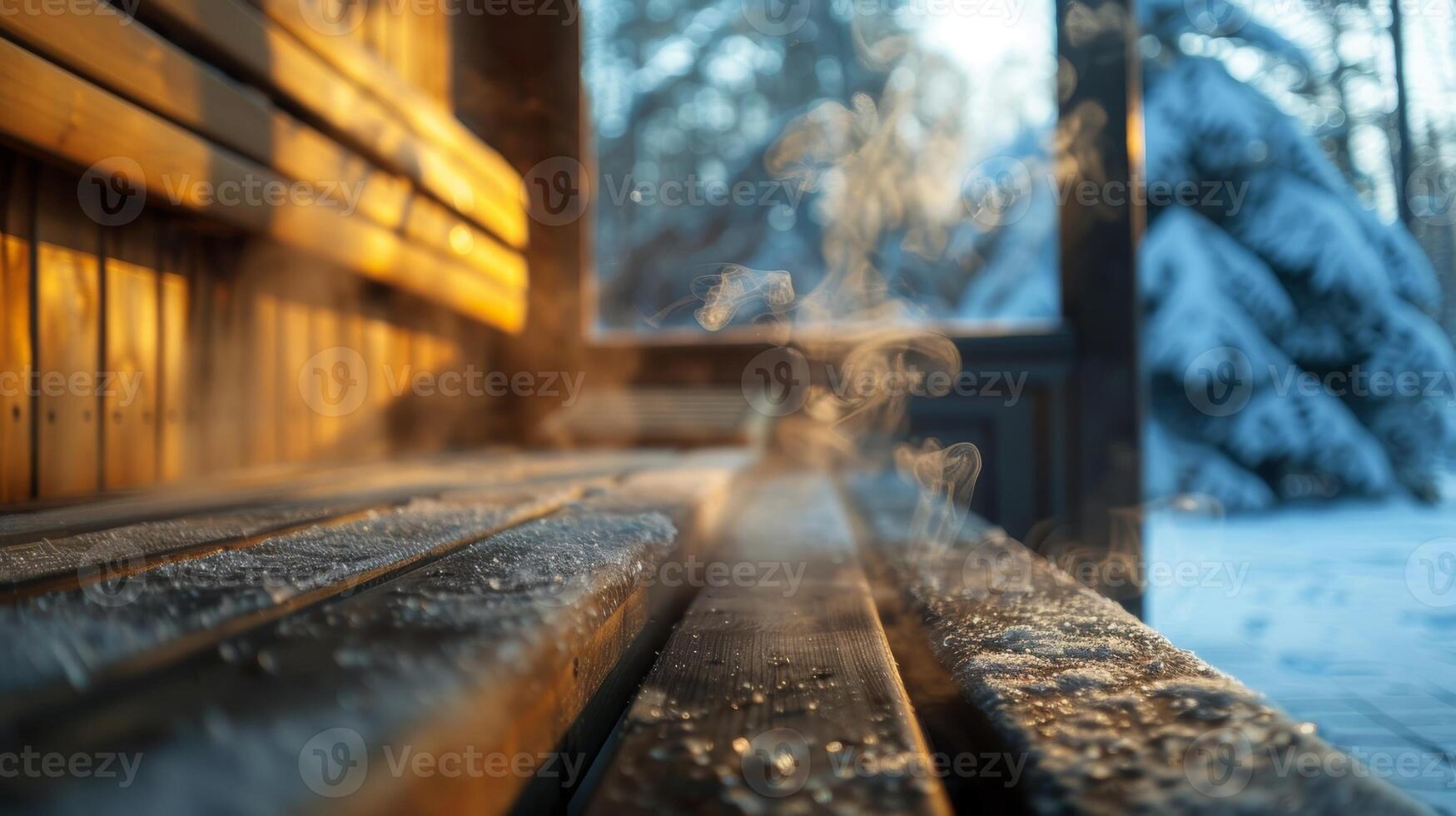 The contrast of the frigid outdoor air and the cozy steamy atmosphere inside the sauna creating a refreshing and invigorating sensation. photo