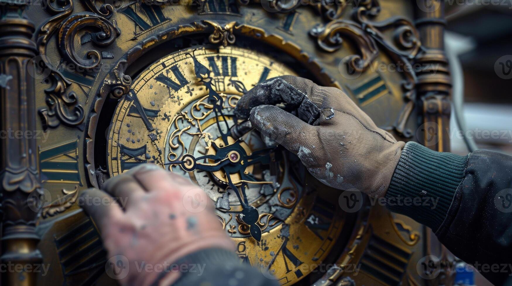 The careful restoration of a vintage clock tower with workers carefully reassembling and repainting its intricate clock hands photo