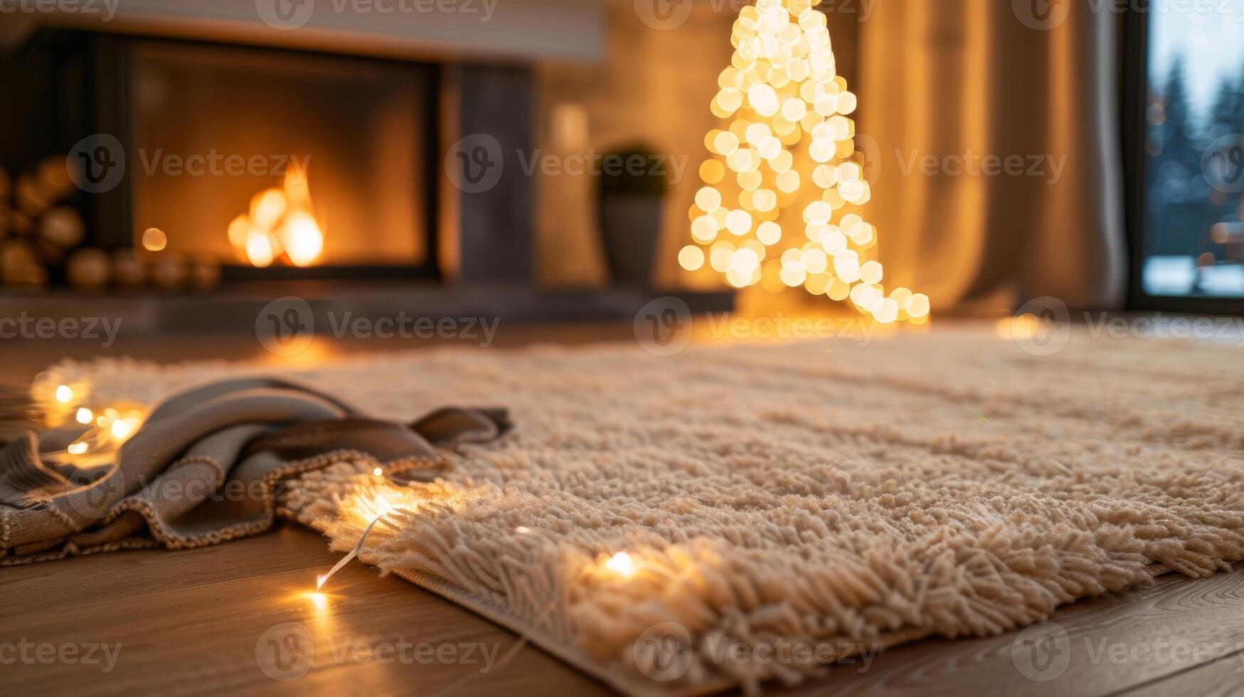 Soft plush rugs line the floor of the fireplace area adding a touch of comfort to the sleek space. 2d flat cartoon photo