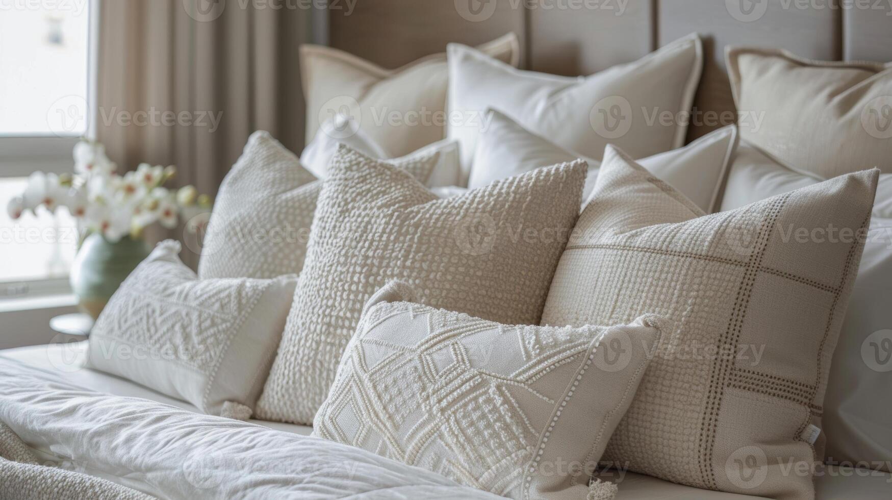 A symmetrical arrangement of Euro shams and decorative cushions all in various shades of ivory adding texture and sophistication to the bed photo