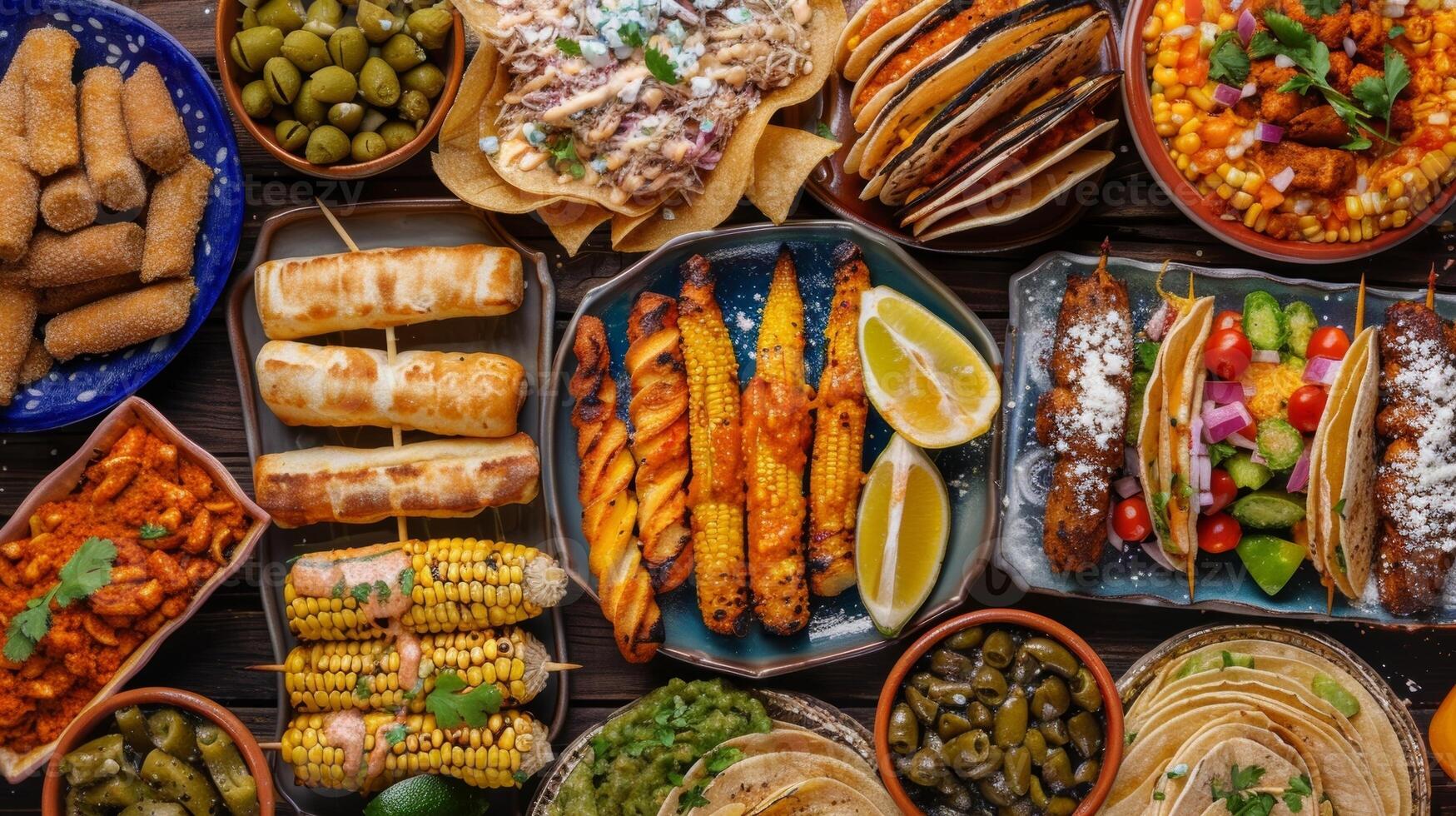 A spread of delicious and authentic Mexican street food such as elotes tacos al pastor and churros all made without any alcohol photo