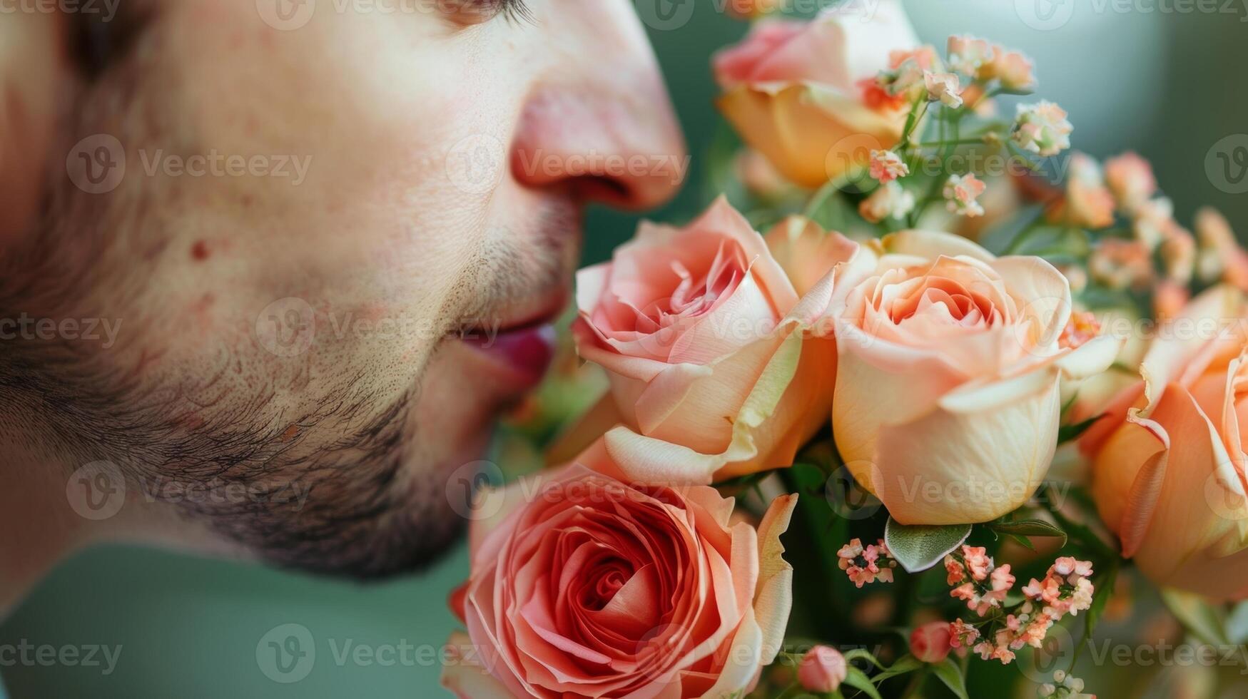 A closeup of a mans face as he deeply inhales the sweet aroma of a freshly picked bouquet of roses photo