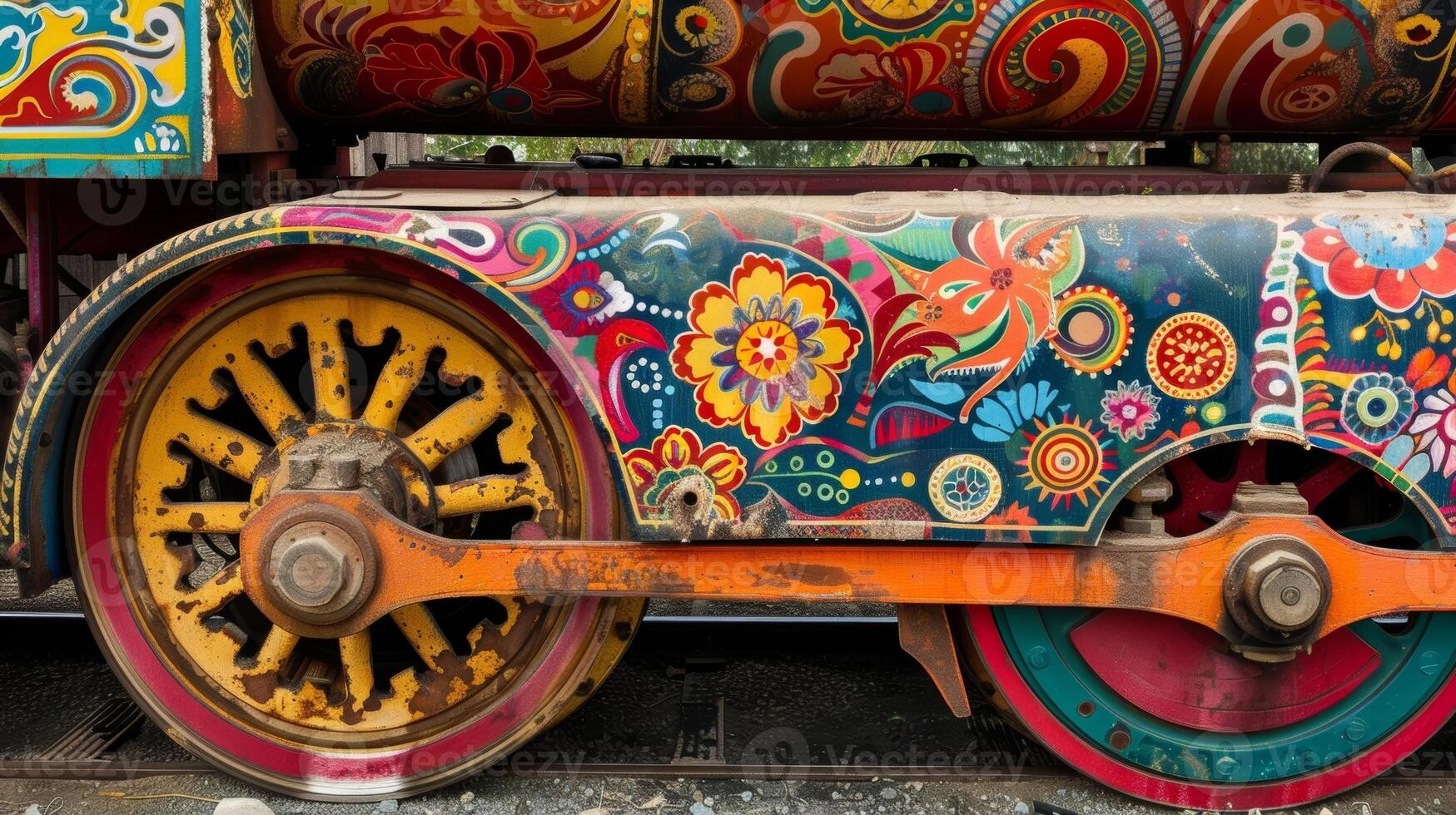 A brightlycolored steam roller adorned with retro decals draws the attention of passersby with its unusual design and intricate patterns photo