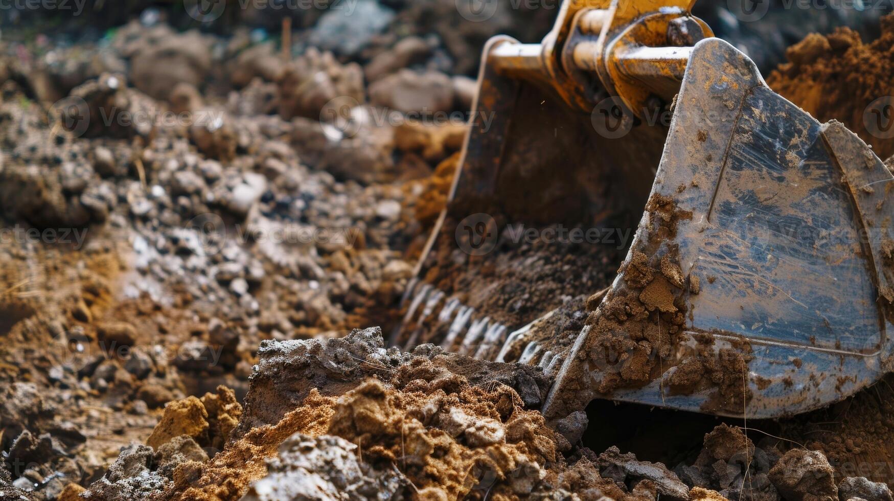 A closeup of the excavators bucket filled with dirt and rocks as it continues to uncover the foundations base photo