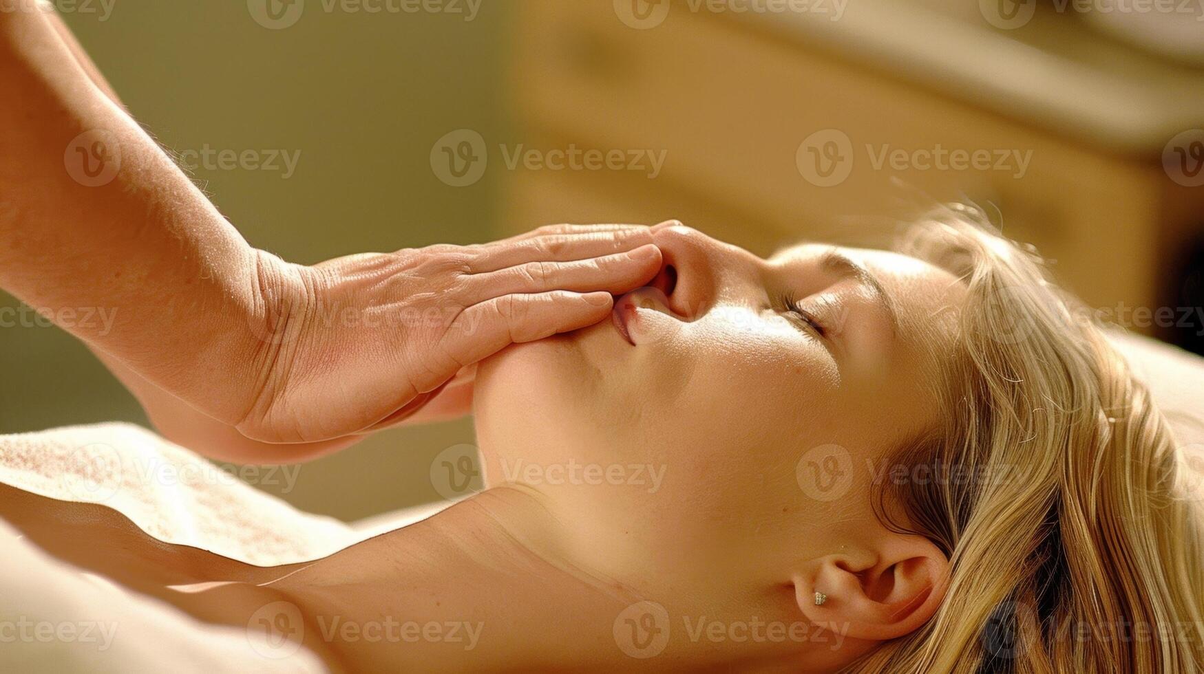 A person lying on a reflexology mat while a reflexologist works on their head and neck. photo