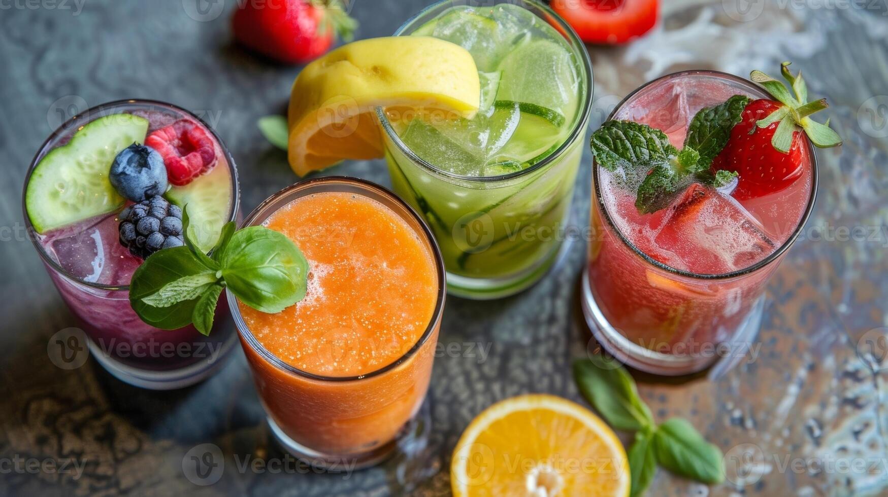 A happy hour menu featuring unique kombucha cocktails and dairyfree fruit smoothies to cater to a variety of dietary needs photo