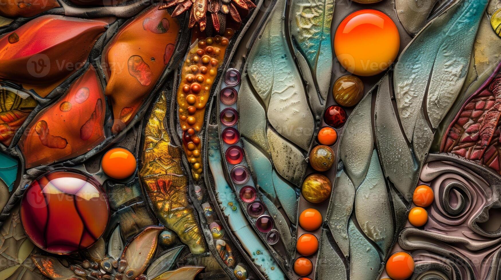 A stunning wall hanging with a mix of earth tones and bright pops of color composed of both fused clay and glass pieces that come together to create a cohesive and captivating work photo