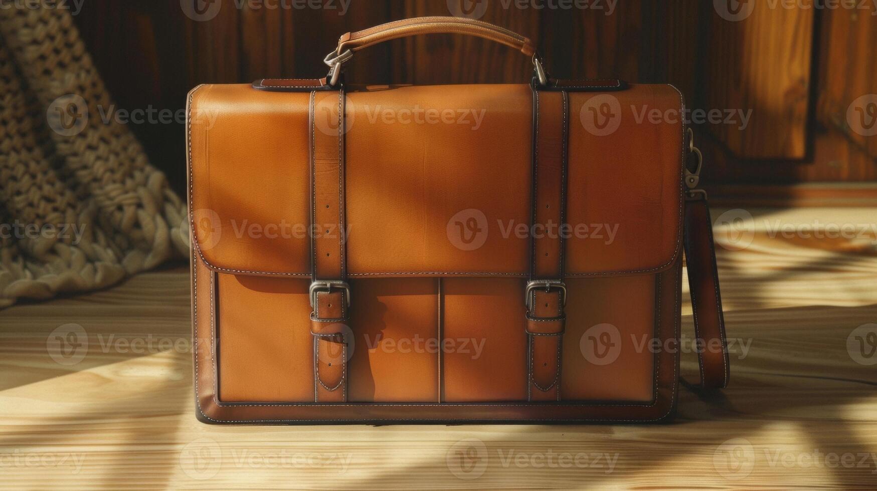 Blank mockup of a classic leather briefcase ideal for business trips or meetings. photo