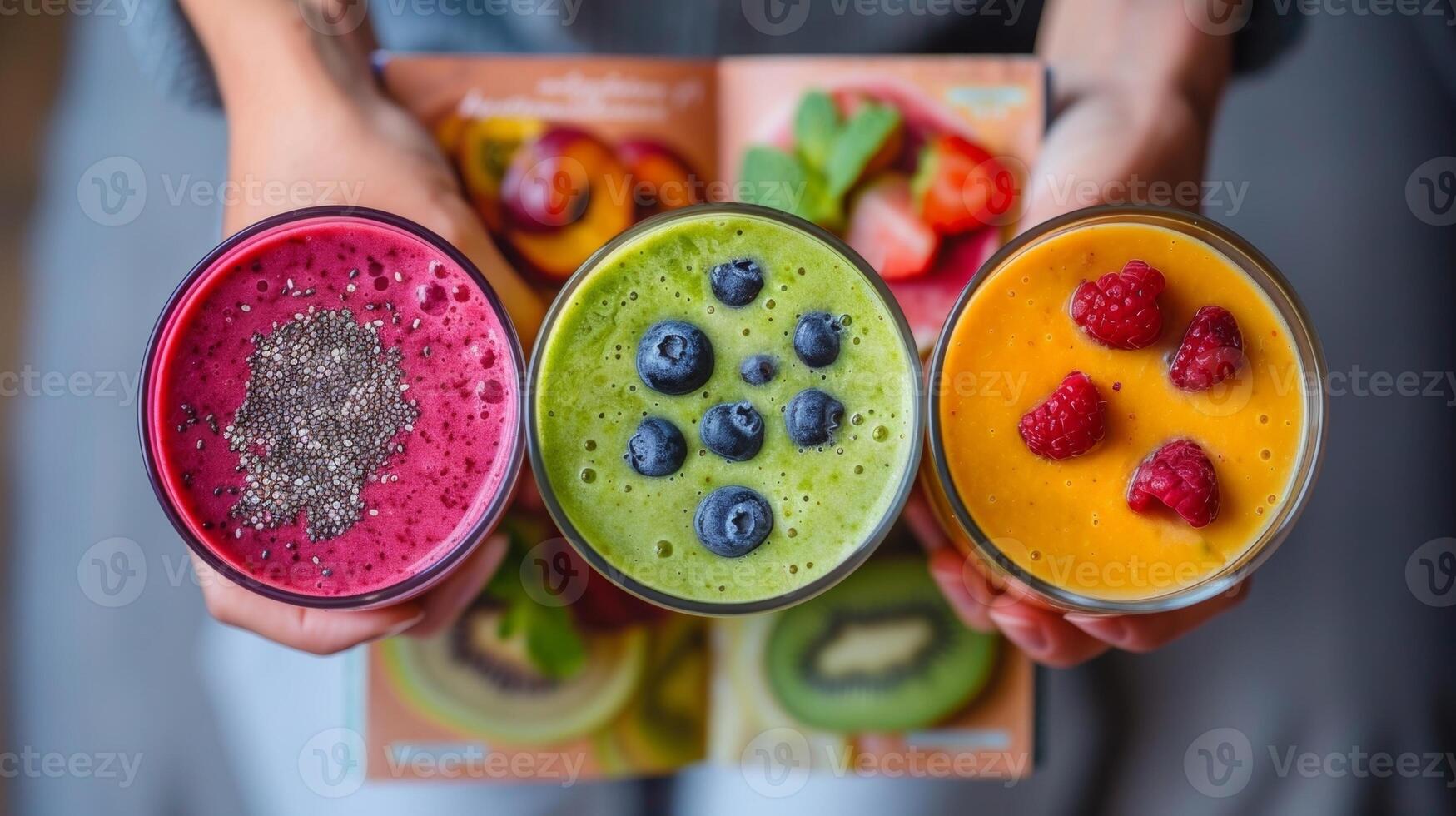 A person holding up a Smoothies 101 cookbook with mouthwatering images of different smoothie recipes photo