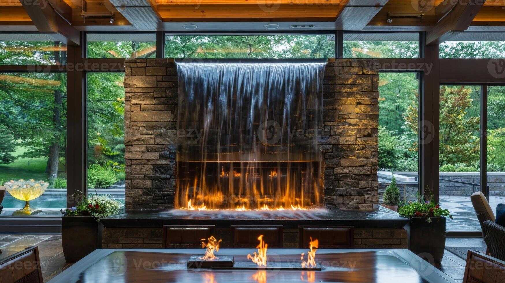 A stunning combination of nature and contemporary design this fireplace features a waterfall that cascades down a stone backdrop. 2d flat cartoon photo