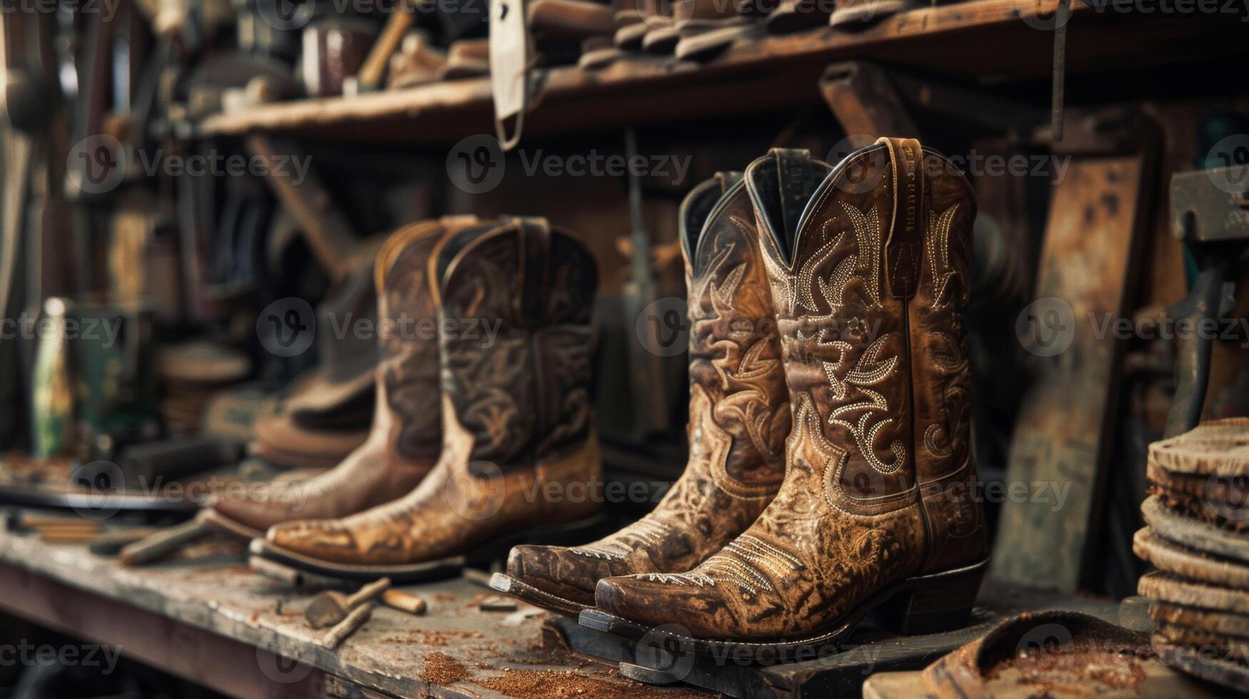 A shelves of wellworn leather tools a craftsman toils away at his latest creation a pair of custom cowboy boots destined to become a cherished heirloom photo