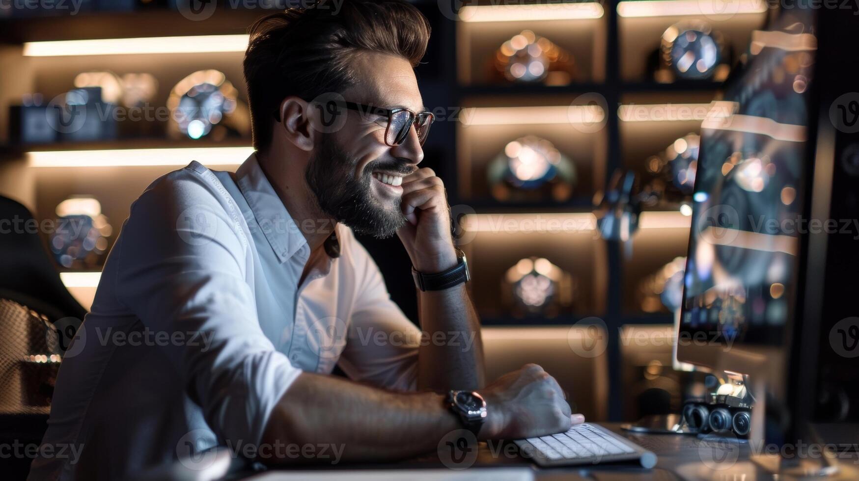 A man sitting at his desk scrolling through a website filled with luxurious watch collections his face glowing with excitement photo