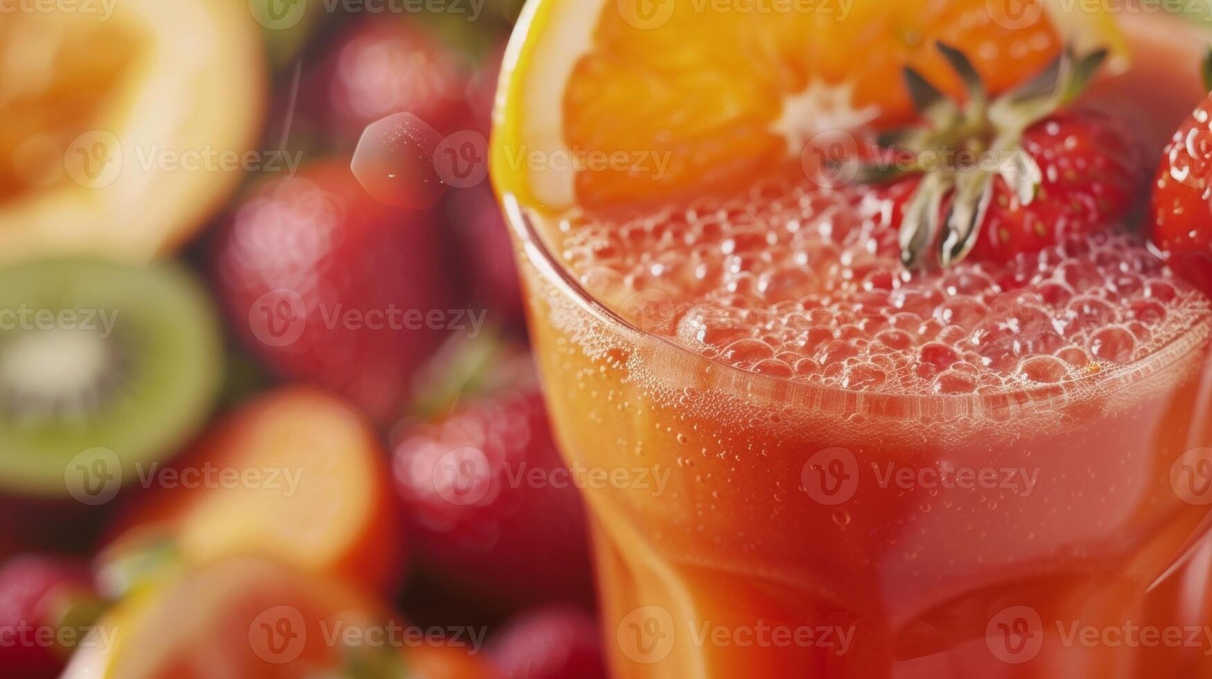 A closeup of a healthy and colorful fruit and vegetable juice made from fresh ingredients photo