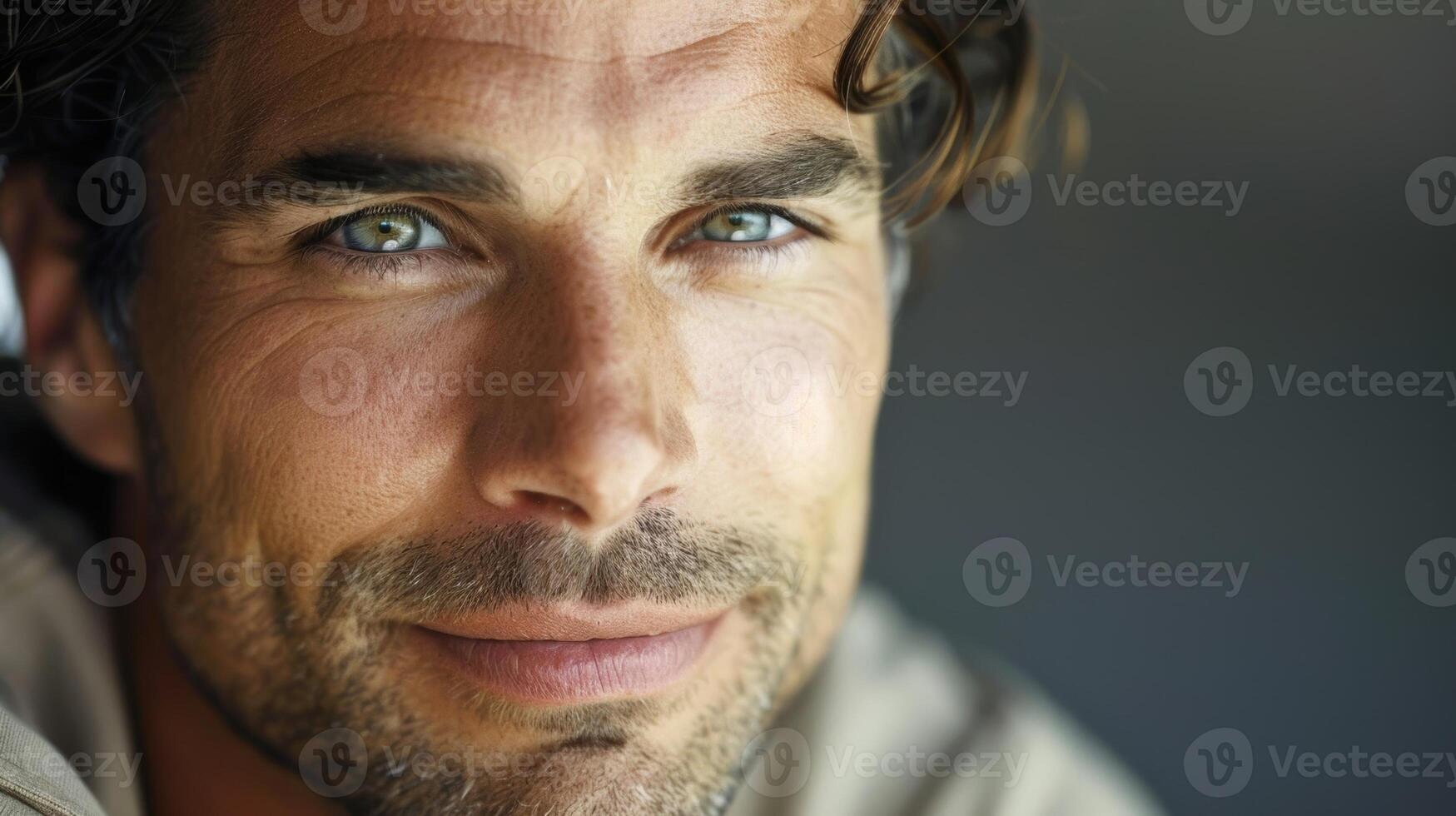 A closeup of a man with a subtle smirk highlighting the softness in his features and capturing his quiet confidence photo