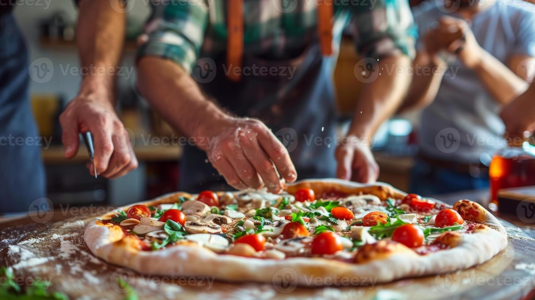 A group of men learning how to make homemade pizza from scratch each one eagerly adding their favorite toppings to create the perfect pie photo