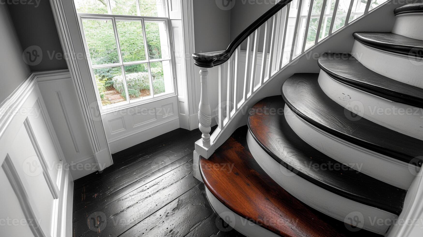 A black and white image highlighting the contrasting elements of a bespoke staircase with dark hardwood steps and a white painted railing creating a striking visual impact photo