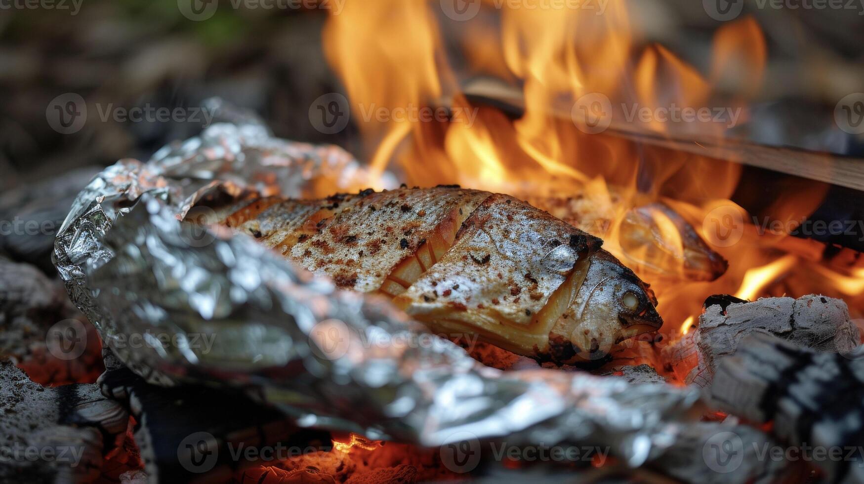Freshly caught fish wrapped in foil and nestled a the hot coals of a campfire imparting a smoky flavor as it cooks and flakes easily with a fork photo
