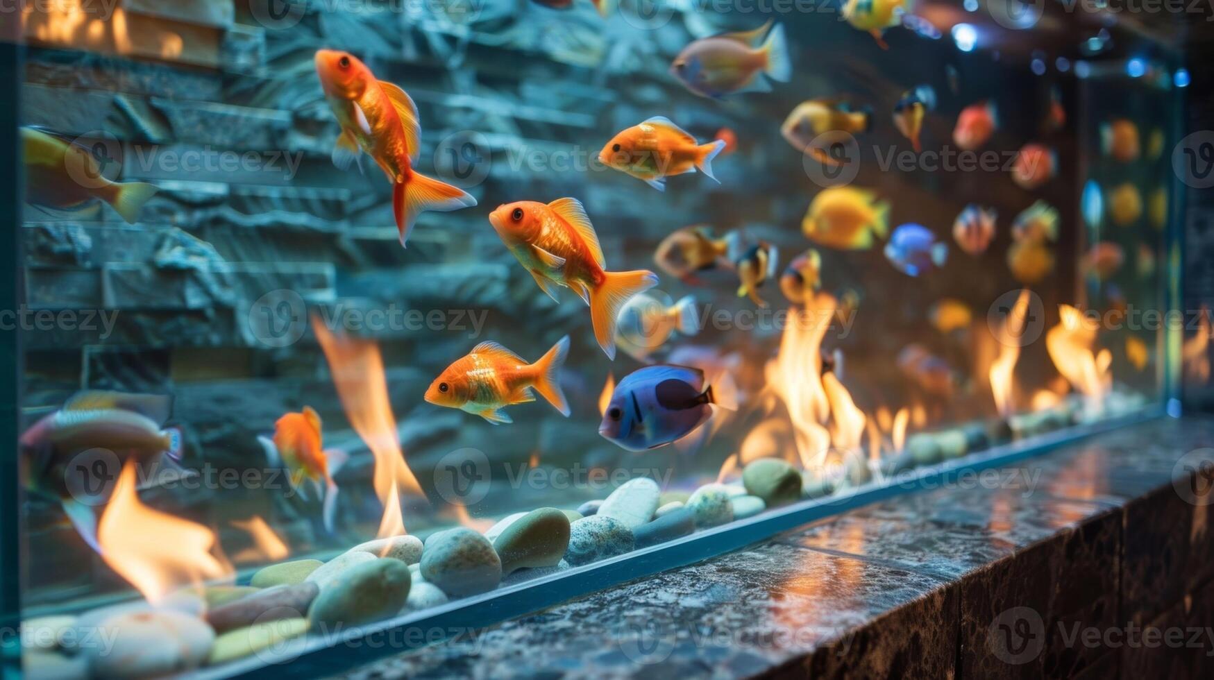 A sleek stone fireplace with a glass barrier filled with dancing flames. A colorful array of tropical fish swim in the builtin aquarium below. 2d flat cartoon photo