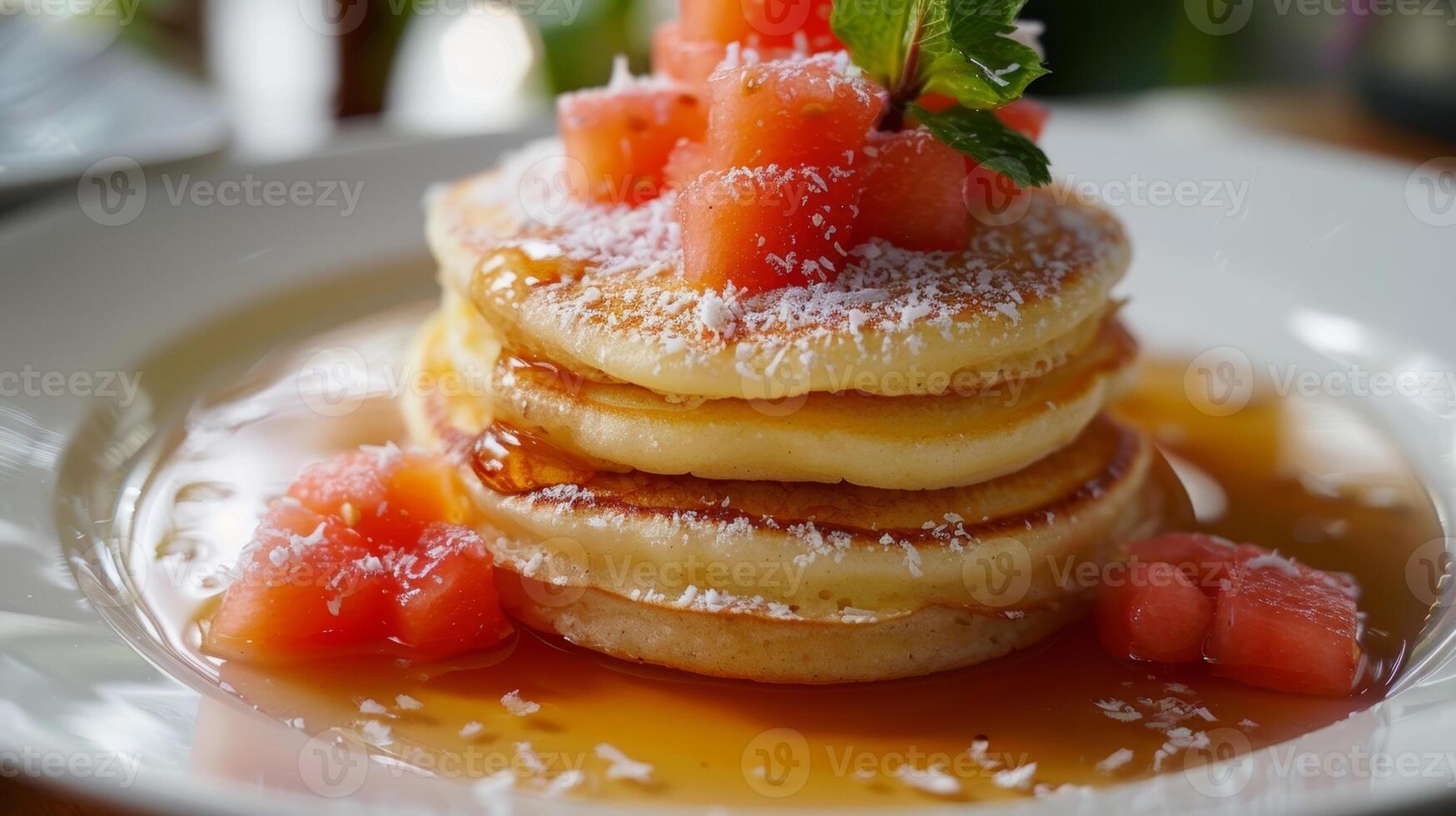 Light and fluffy these coconut pancakes with a side of guava syrup are a tribute to the tropical breakfast recipes of the early 20th century photo