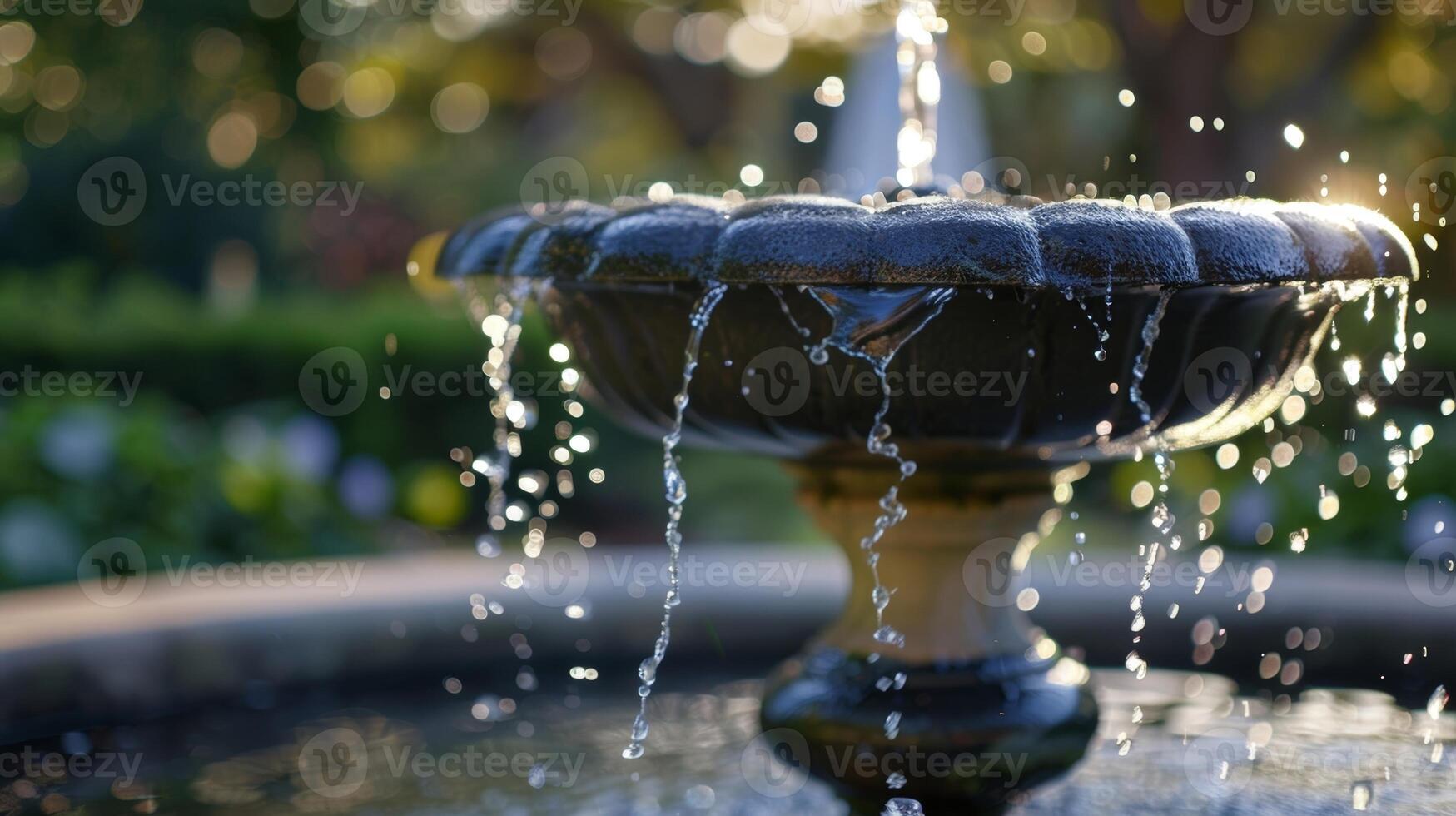 The tranquil sound of flowing water from a nearby fountain adds to the peaceful ambience of the garden amphitheater. 2d flat cartoon photo