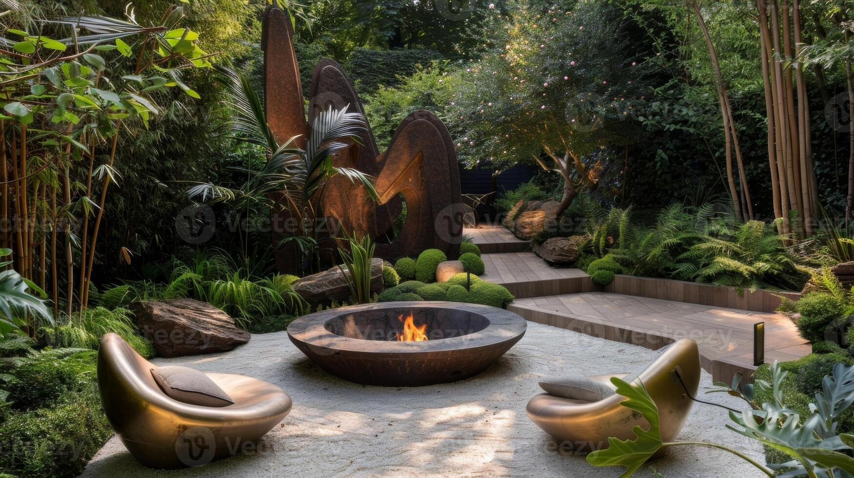 In the midst of a tranquil garden a fire pit is surrounded by avantgarde sculptures creating a striking juxtaposition of nature and art. 2d flat cartoon photo