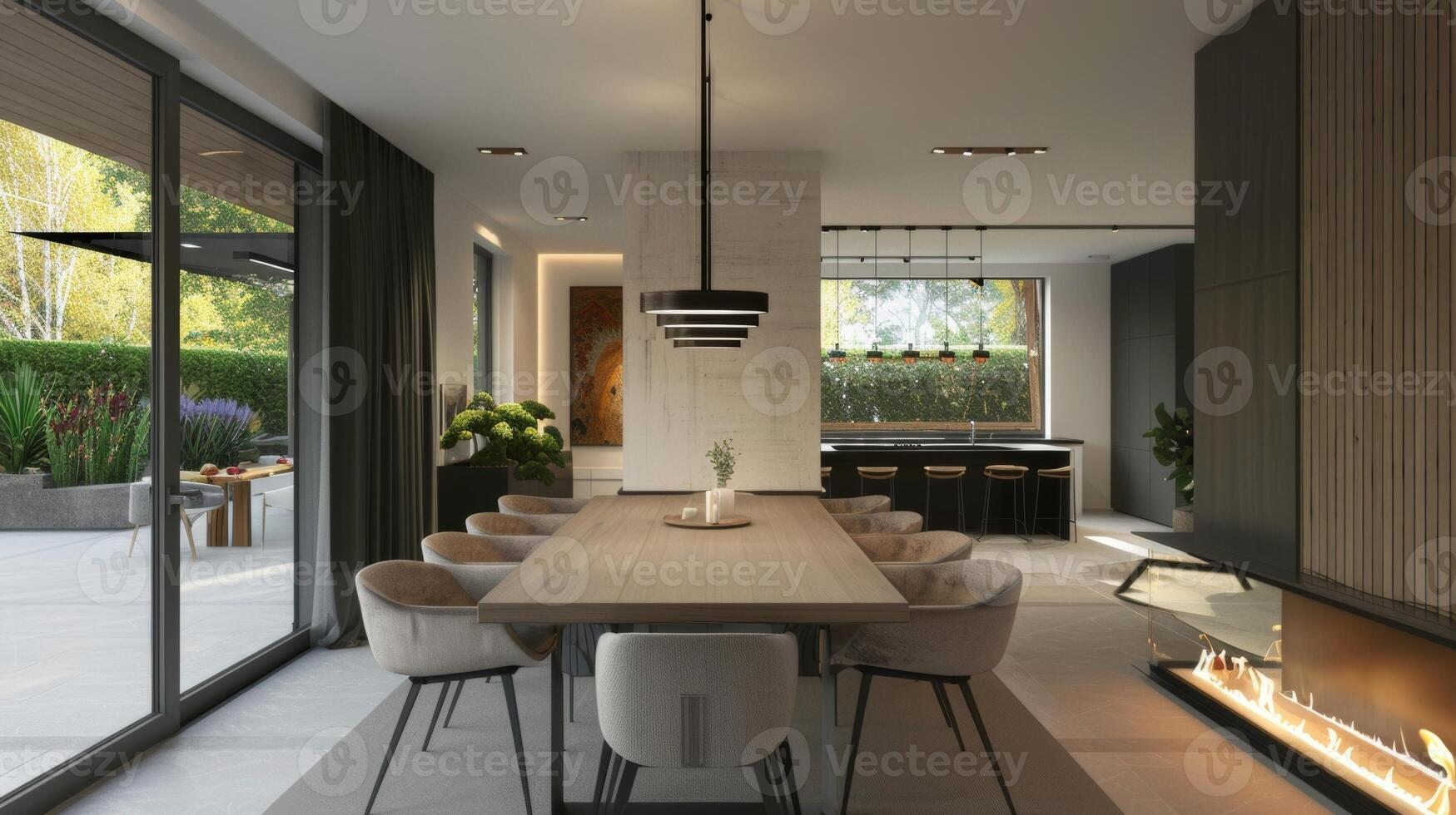 The simple yet elegant design of the fireplace blends seamlessly with the clean lines and neutral color scheme of the dining room. 2d flat cartoon photo
