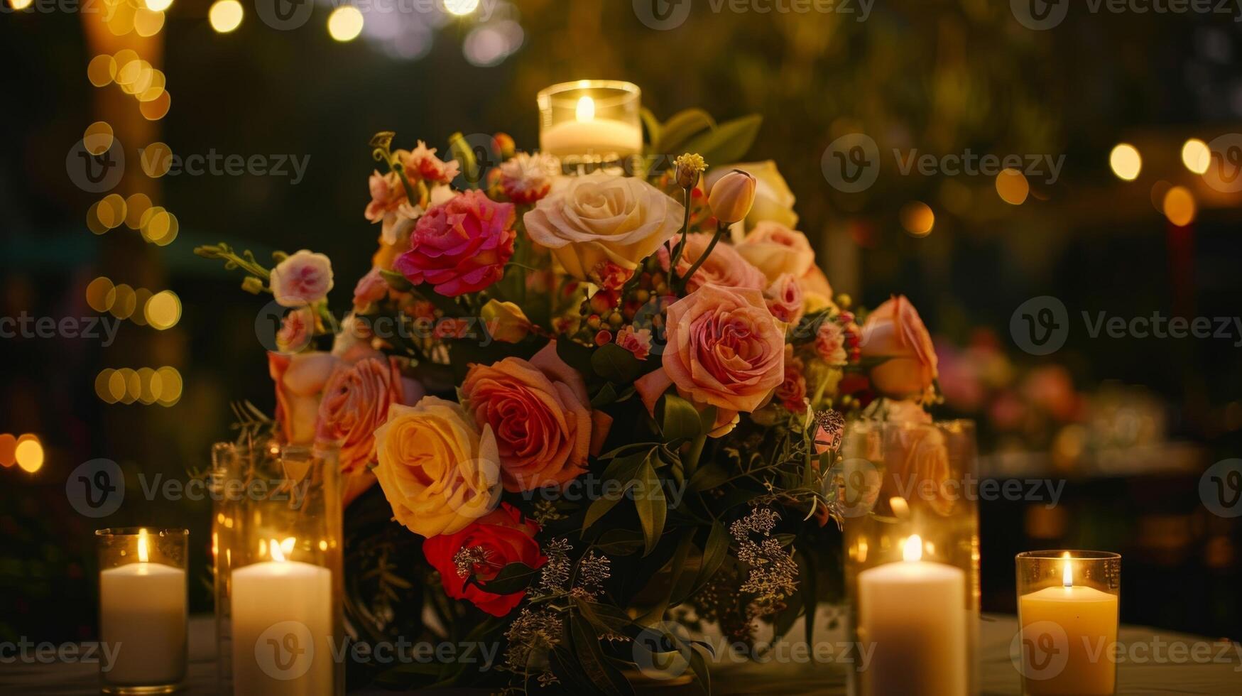 delicado flor preparativos fueron iluminado por el suave ligero de el velas agregando un toque de elegancia y sofisticación a el al aire libre estudio. 2d plano dibujos animados foto